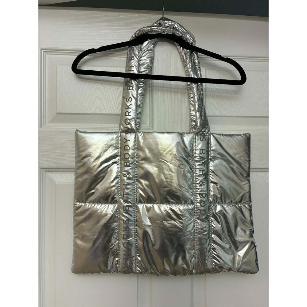 Bath & Body Works Metallic Silver Puffer Tote Bag Logo New‎